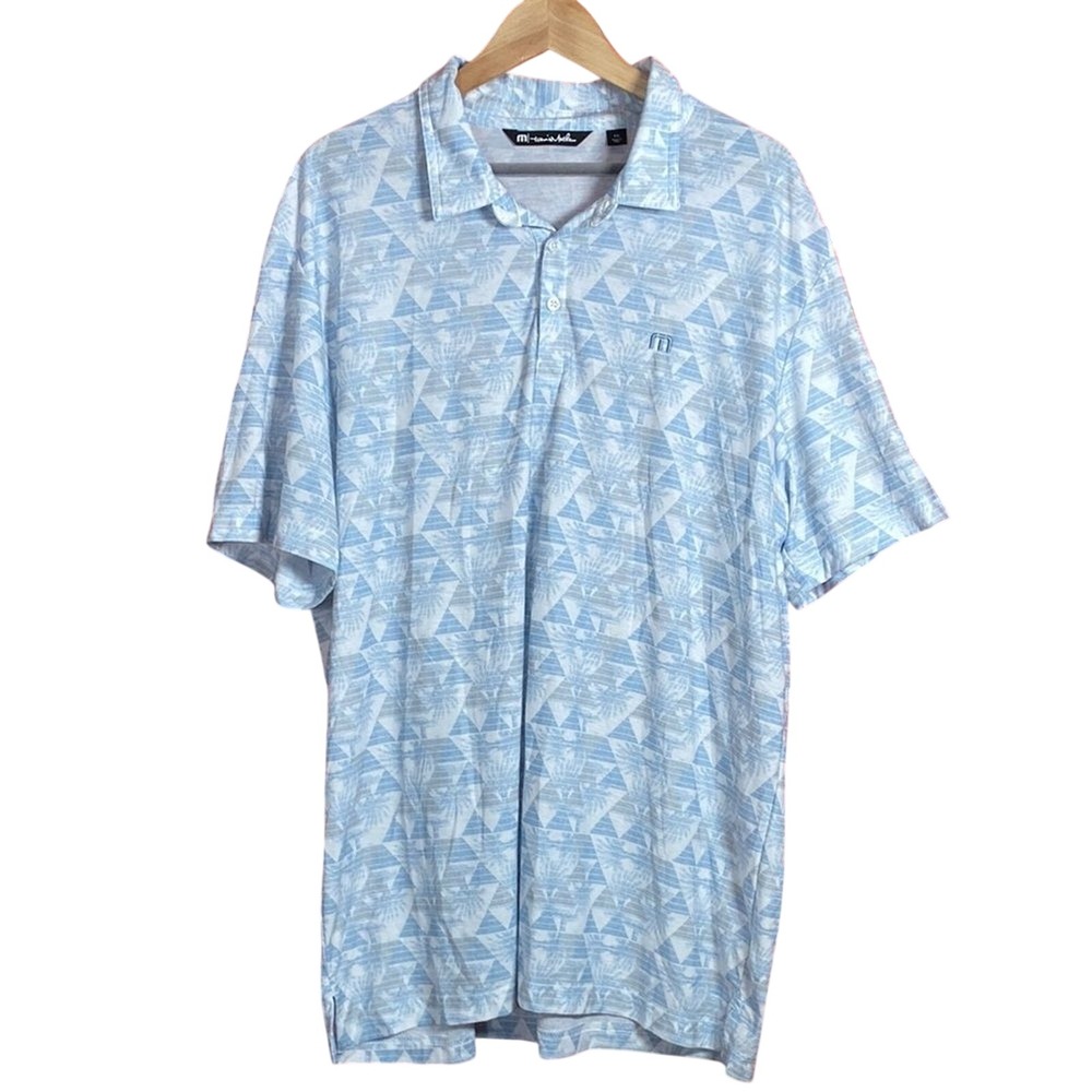 Travis Mathew At Home‎ Golf Polo Shirt Men's XXL Blue Gray Palm Trees Geometric
